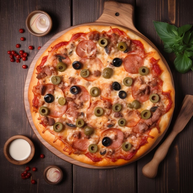A pizza with olives and pepperoni on it sits on a wooden table.