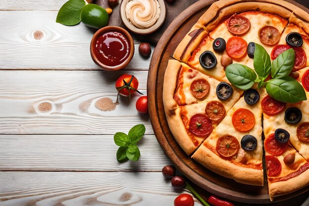 Pizza with olives and tomato sauce on a wooden table