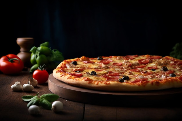 A pizza with olives and tomatoes on a wooden table