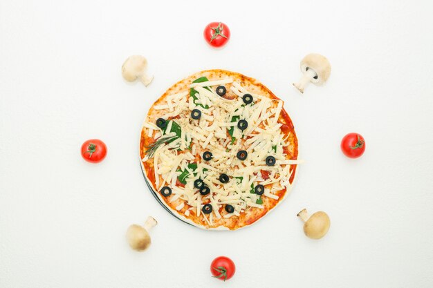 Pizza with olives on a white background