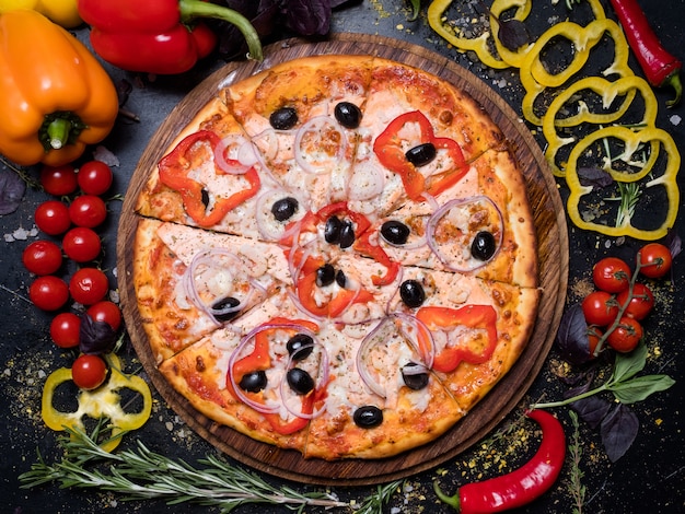 Pizza with onions pepper olives. Fast meals, junk food, nutrition concept