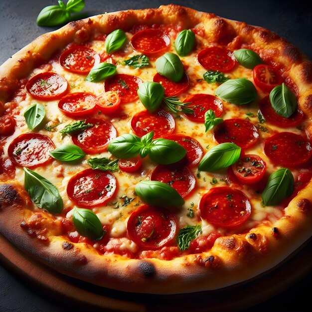 a pizza with pepperoni and basil on it