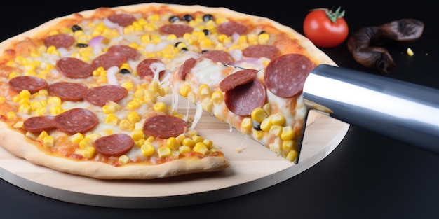 A pizza with pepperoni and cheese being sliced on a wooden board