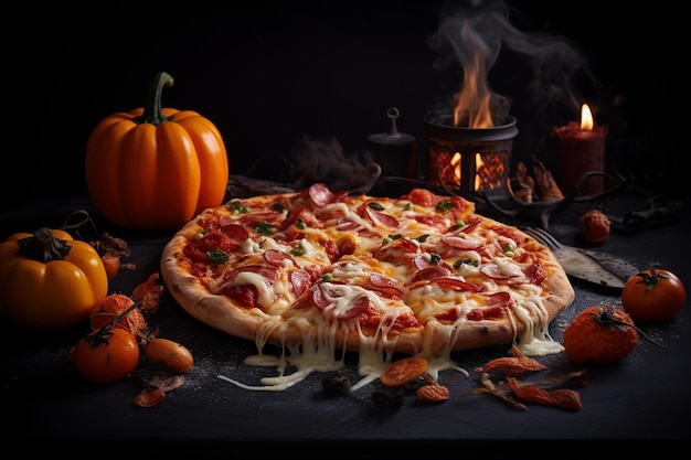 Pizza with pepperoni and cheese stretchy decorated with a Halloween theme