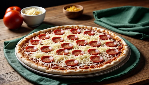 a pizza with pepperoni and cheese on a table
