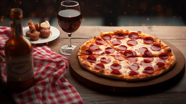 A pizza with pepperoni on it is being served on a wooden table with wine