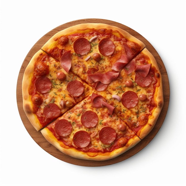 A pizza with pepperoni on it is cut into eight slices.
