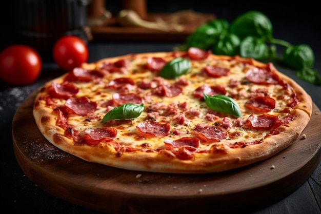 A pizza with pepperoni on it sits on a wooden board.