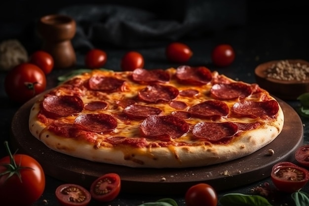 Пицца с пепперони и помидорами на столе