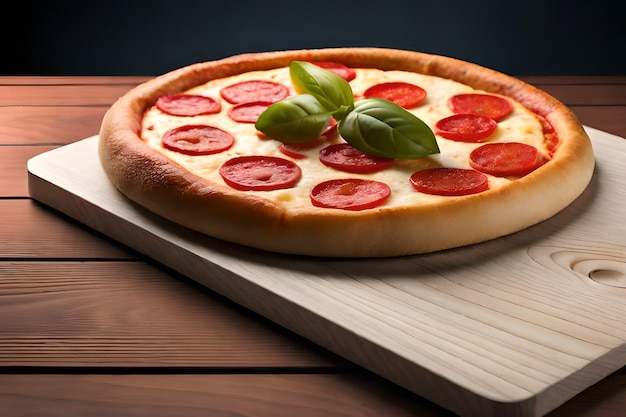 A pizza with pepperoni on it on a wooden table