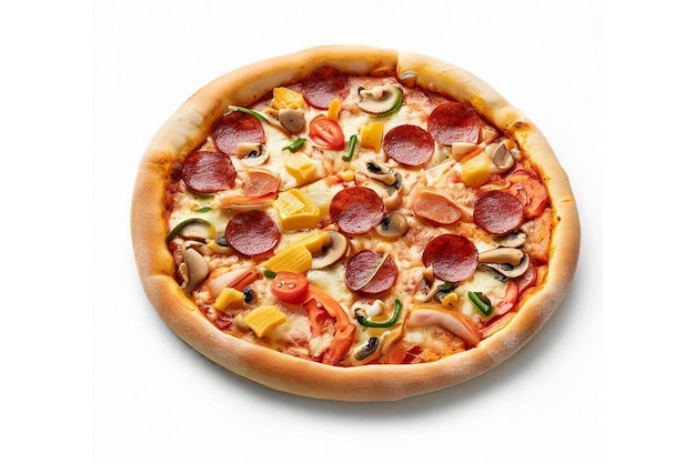 A pizza with pepperoni, mushrooms, and other toppings on a white background.