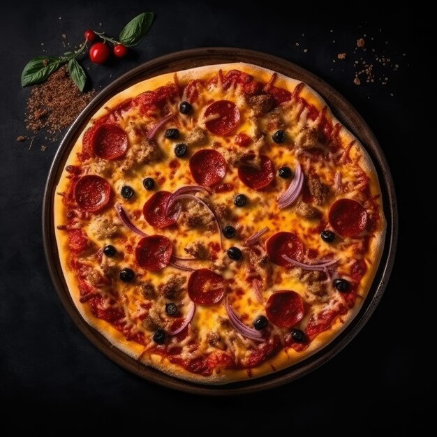 A pizza with pepperoni and olives on a black background