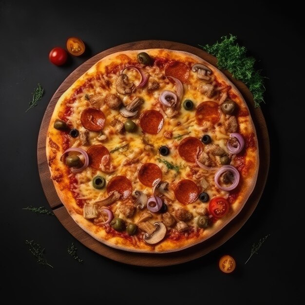 A pizza with pepperoni, olives, and mushrooms on a wooden board.