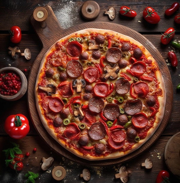 A pizza with pepperoni, olives, and mushrooms on a wooden table.