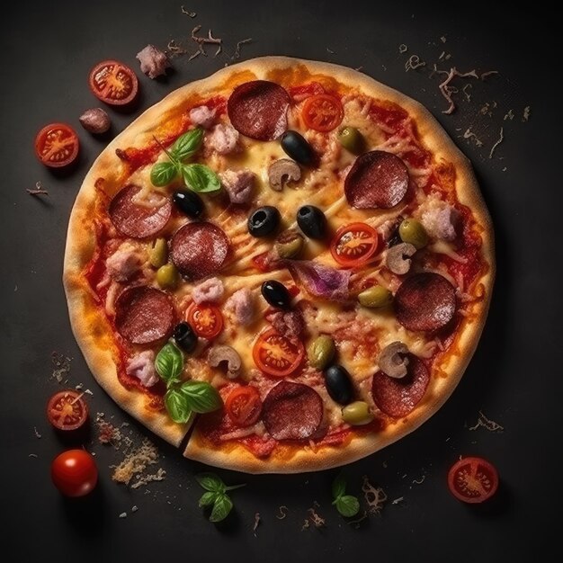 검정색 배경에 페퍼로니, 올리브, 토마토가 있는 피자.