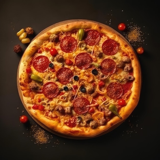 A pizza with pepperoni and olives on a wooden plate