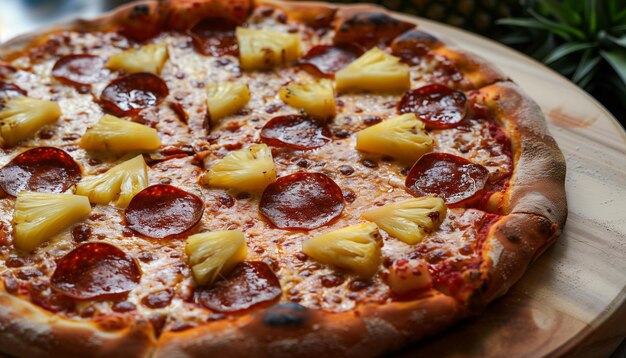 Pizza with pepperoni and pineapple