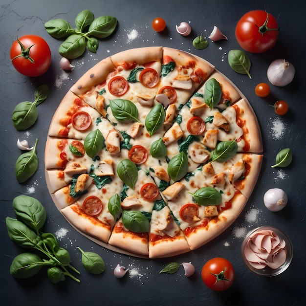 a pizza with a picture of a tomato and spinach