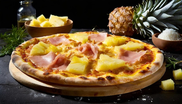 Pizza with pineapple ham and cheese on a black background