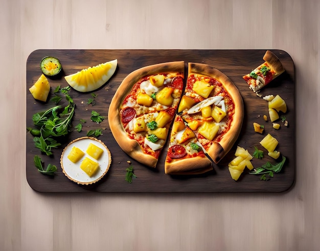A pizza with pineapple on it and a slice of pineapple on it.