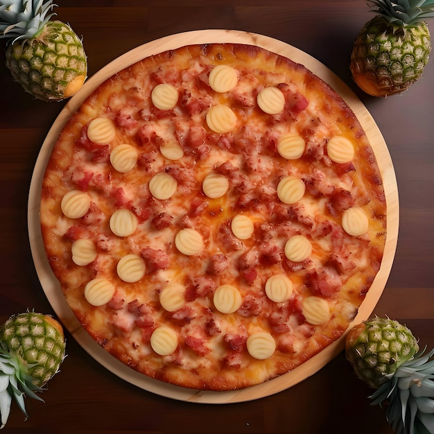 Pizza with pineapple on wooden board and table