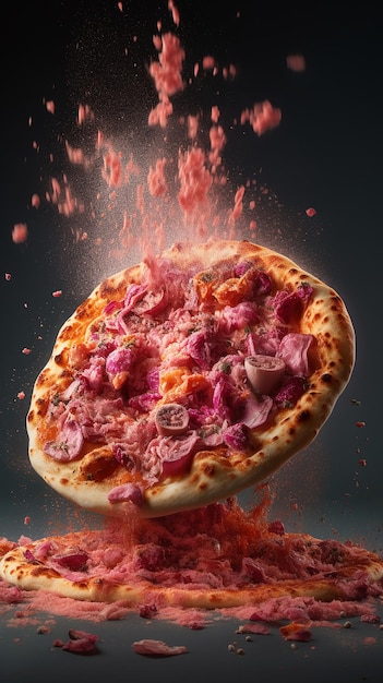 A pizza with pink toppings and a flying sauce flying in the air.