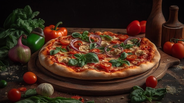 A pizza with a pizza on it and vegetables on the table