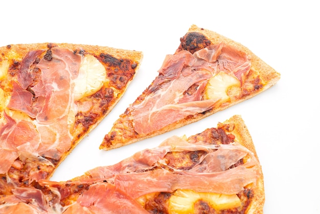 Pizza with prosciutto or parma ham pizza isolated on white background