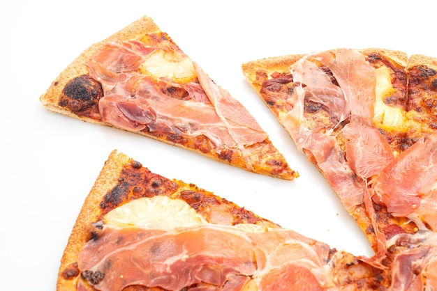 Pizza with prosciutto or parma ham pizza isolated on white background