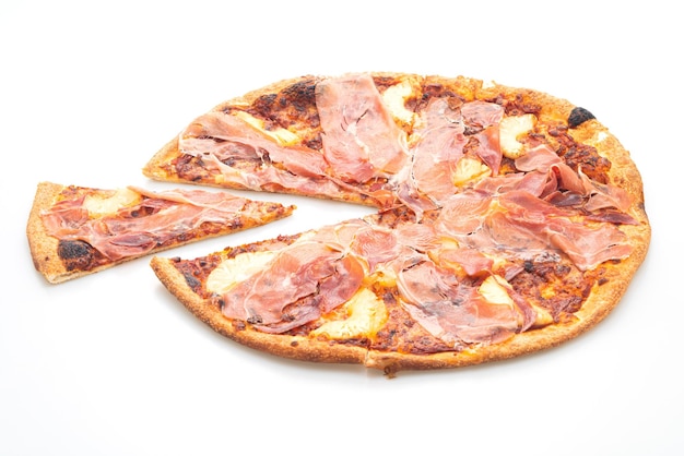 Pizza with prosciutto or parma ham pizza isolated on white background