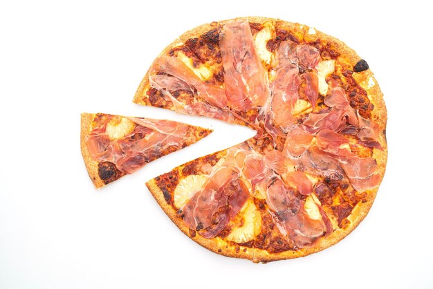 Pizza with prosciutto or parma ham pizza on white background