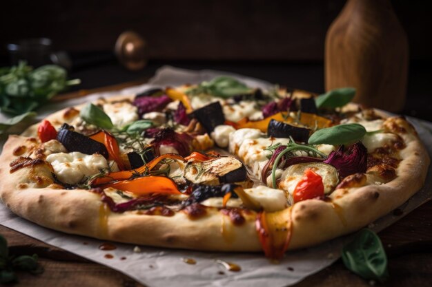 Pizza with roasted vegetables mozzarella cheese and balsamic glaze created with generative ai