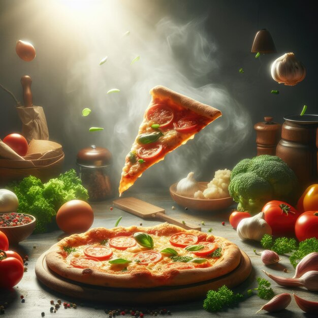 pizza with salami and cheese fluying background