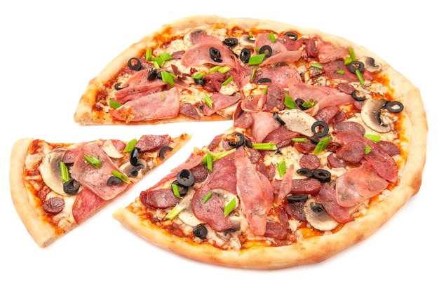 Pizza. With salami, ham, hunting sausages, mushrooms. mozzarella cheese, olives and green onions. A piece is cut off from pizza. White background. Isolated. Close-up.