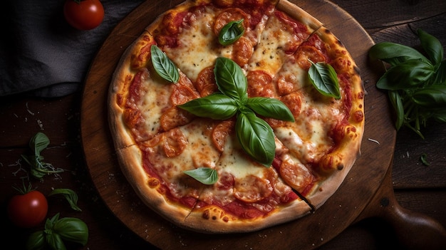 Pizza with salami mozzarella cheese and basil on wooden backgroundgenerative ai