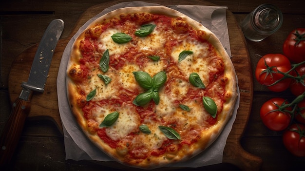 Pizza with salami mozzarella cheese and basil on wooden backgroundgenerative ai