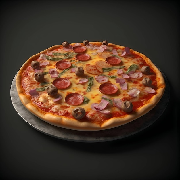 Pizza with salami and mushrooms on a black background Toned