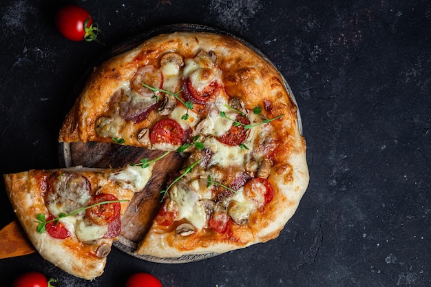 Pizza with salami and mushrooms on a dark background
