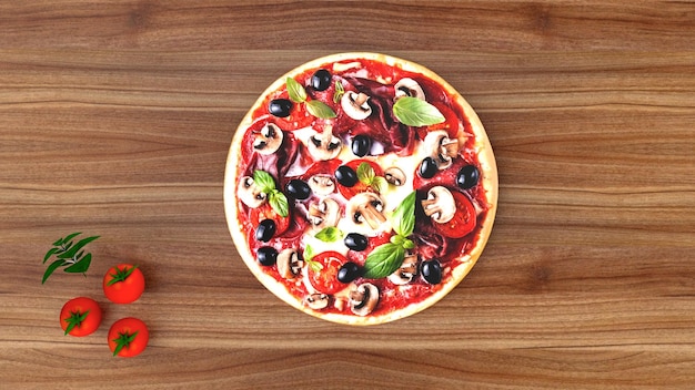 Pizza with salami and olives advertising background 3D rendering