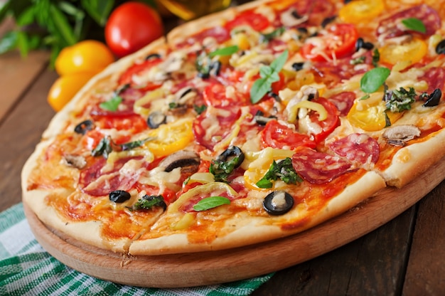 Pizza with salami, tomato, cheese and olives