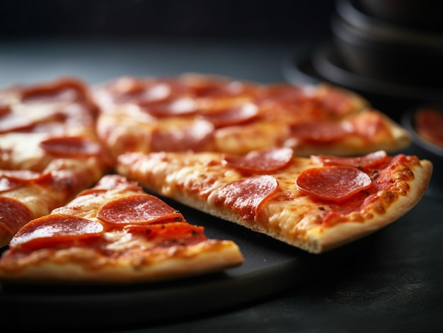 Pizza with sausage by cut to pieces on a metal table selective focus on the filling generative ai