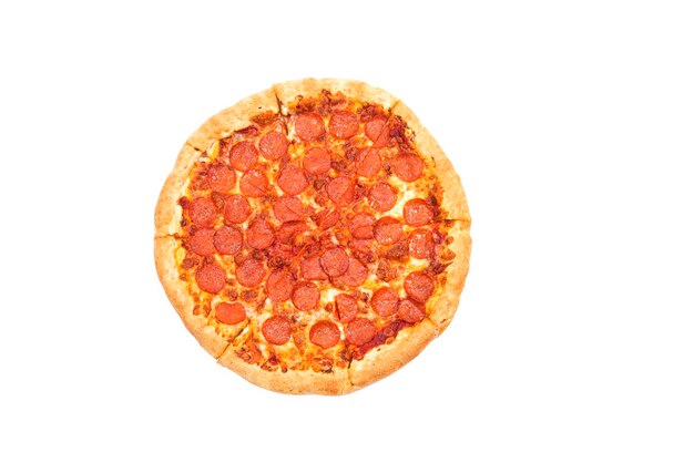 Pizza with sausage close up isolated on white background