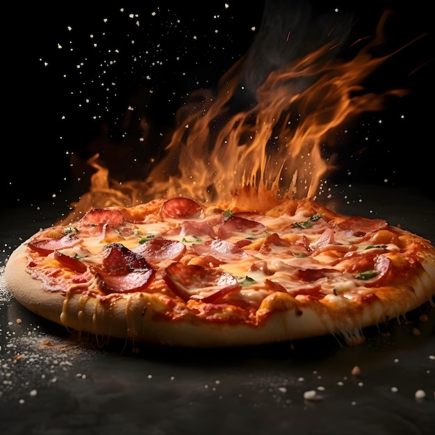 Pizza with sausage and mozzarella on a dark background