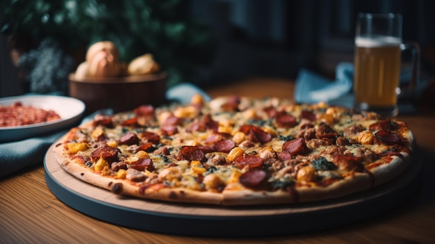 A pizza with sausages and sausages on a table