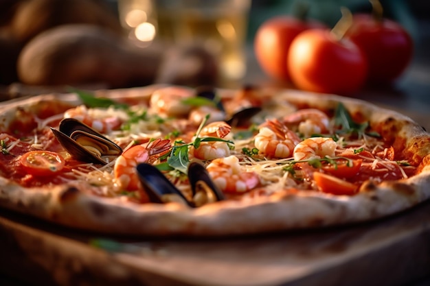 pizza with seafood on it and tomatoes in the background