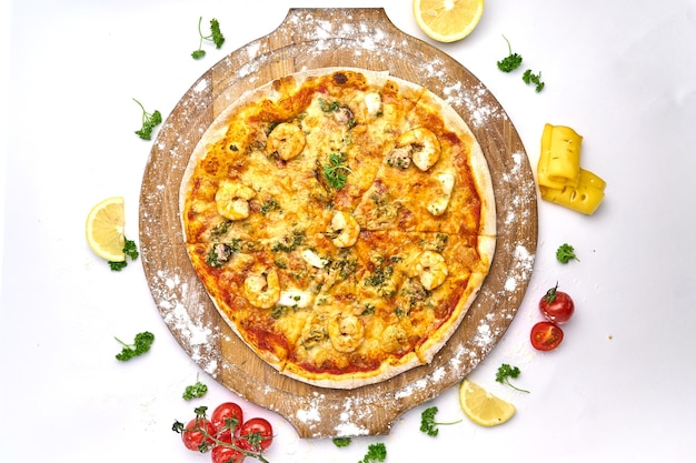 Pizza with seafood and mushrooms