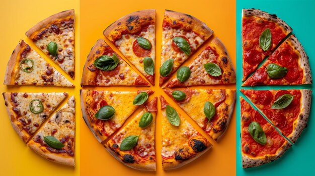 Foto una pizza con diverse fette tagliate in otto pezzi