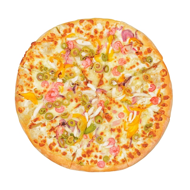 Pizza with shrimps, pepper, squids, mozzarella cheese isolated