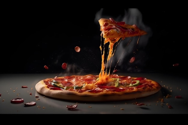 A pizza with a slice being lifted up with black background