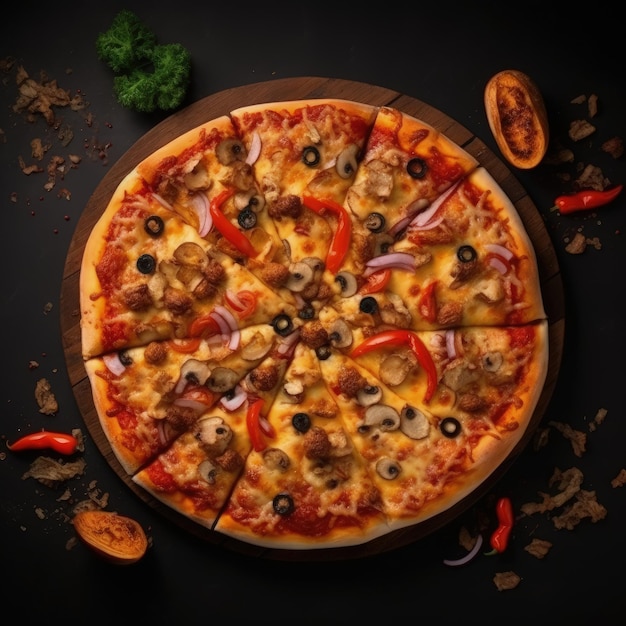 Pizza with a slice cut out on a black background.